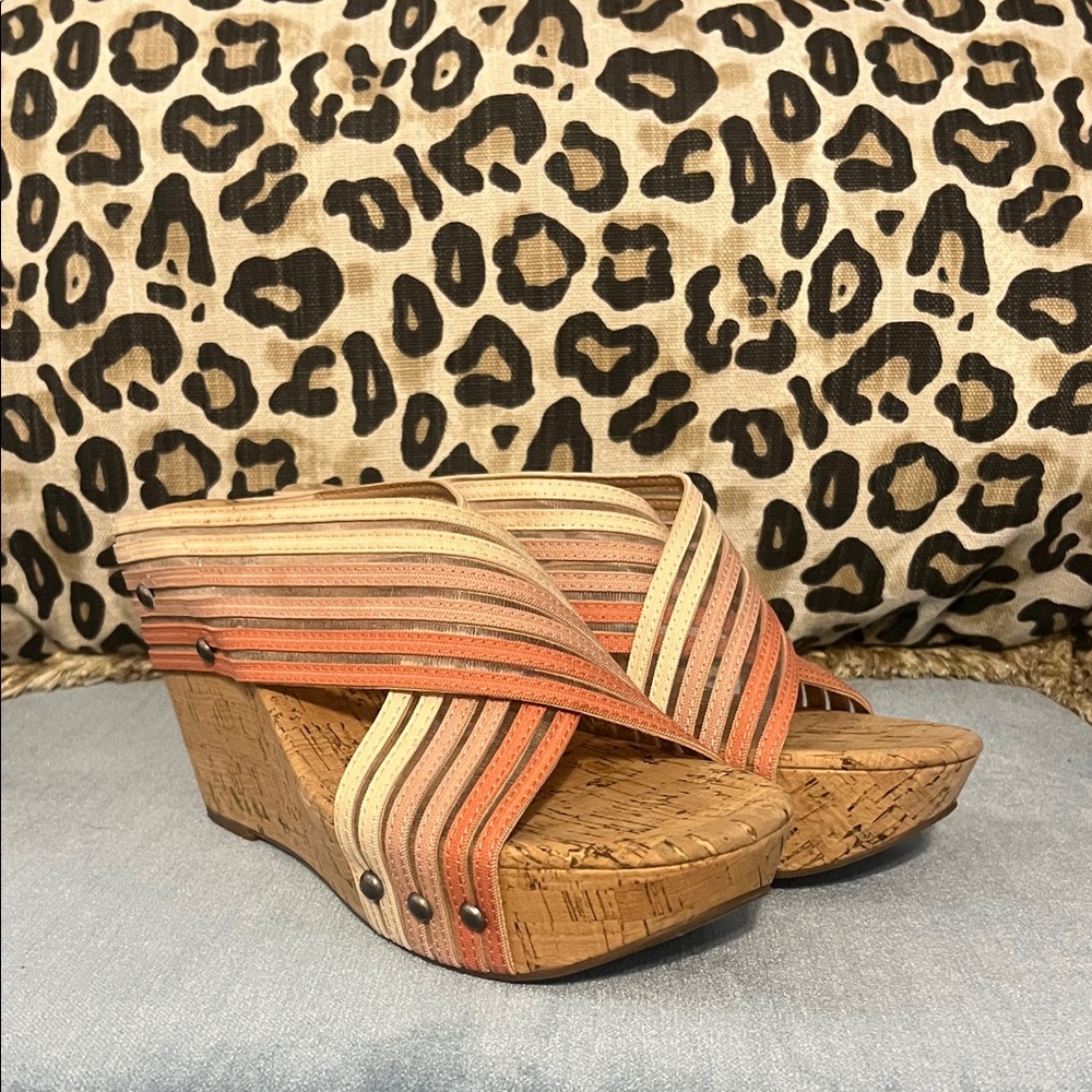 Lucky Brand Coral and Beige Strappy Cork Wedge Sandals